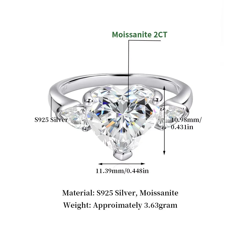 925 Sterling Silver Moissanite Heart Ring 18K White Gold | VVS Diamond Cut