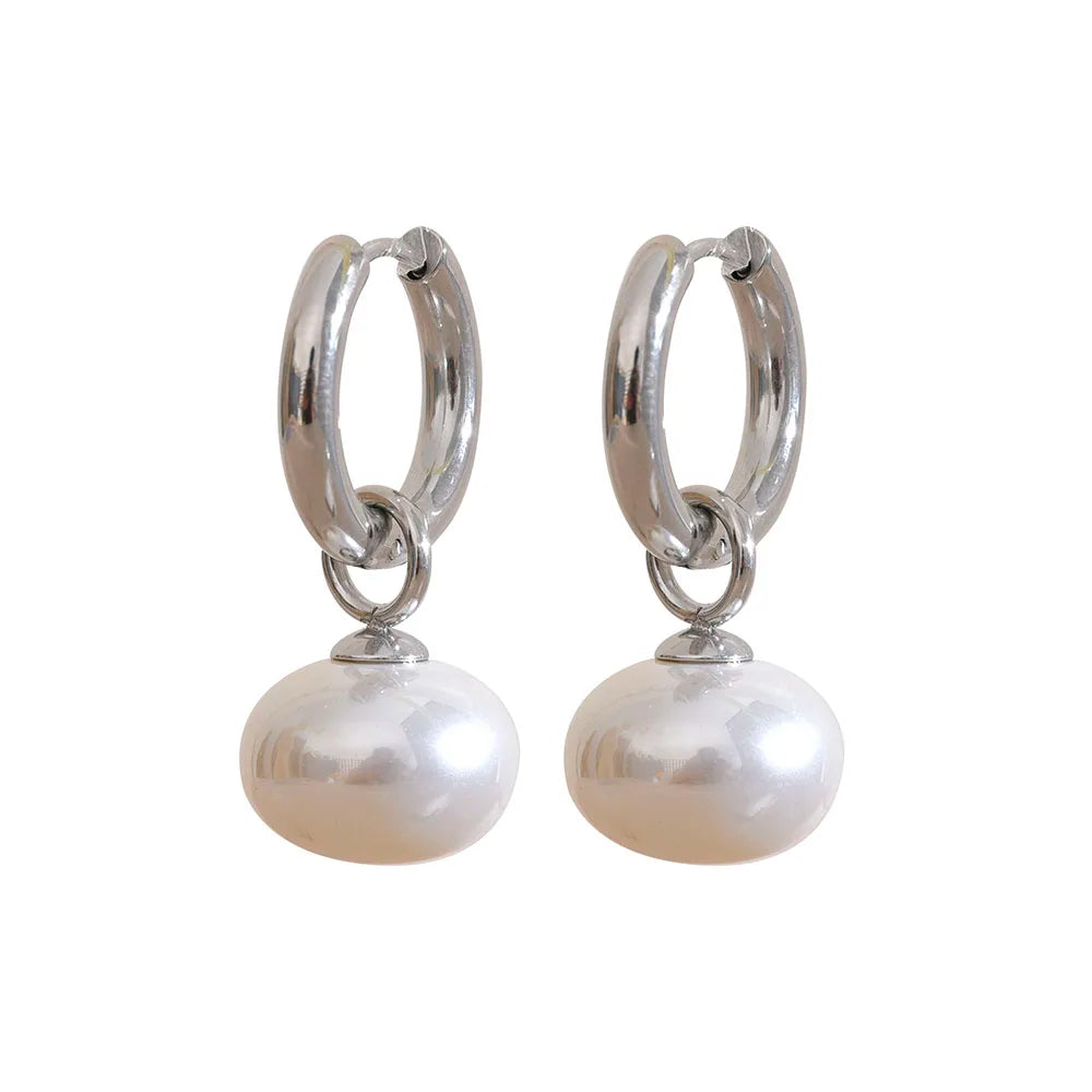 Gold Pearl Drop Hoop Earrings Stainless Steel | Korean Style
