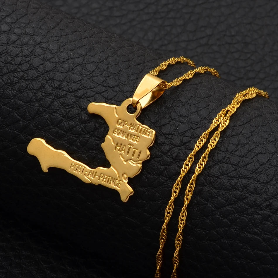 Anniyo Haiti Map Necklace Pendants for Women Girls,Gold Color Ayiti Jewelry Map of Haiti #003910