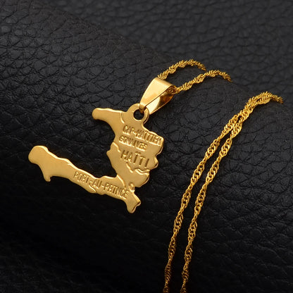 Anniyo Haiti Map Necklace Pendants for Women Girls,Gold Color Ayiti Jewelry Map of Haiti #003910