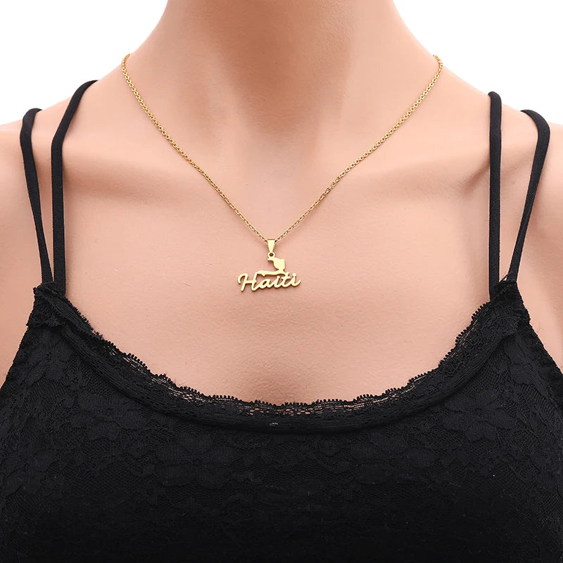 Haiti Map Stainless Steel Pendant Necklace