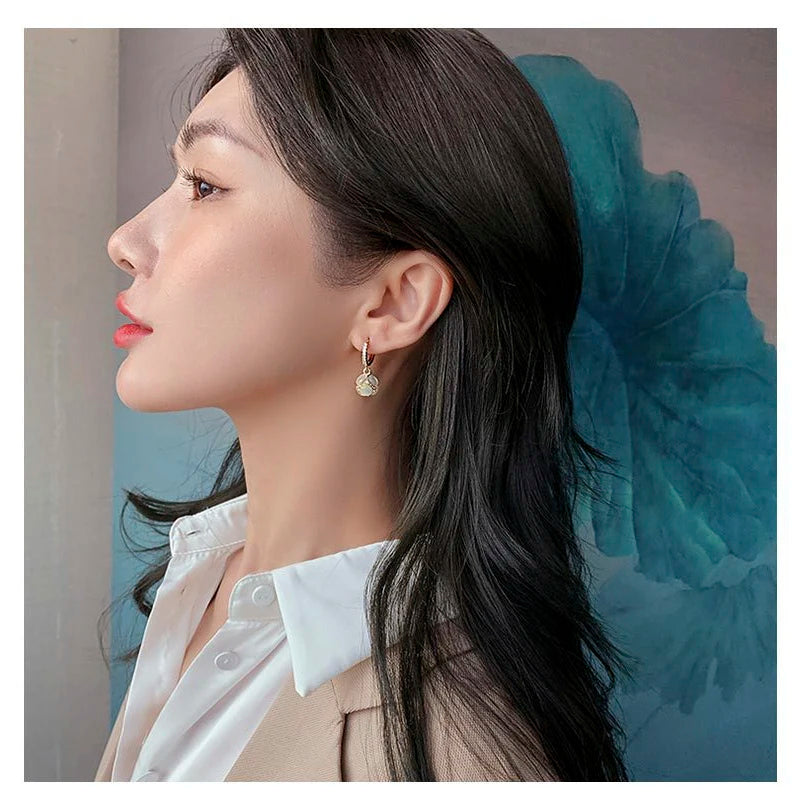 Gold Opal Hoop Earrings 14K