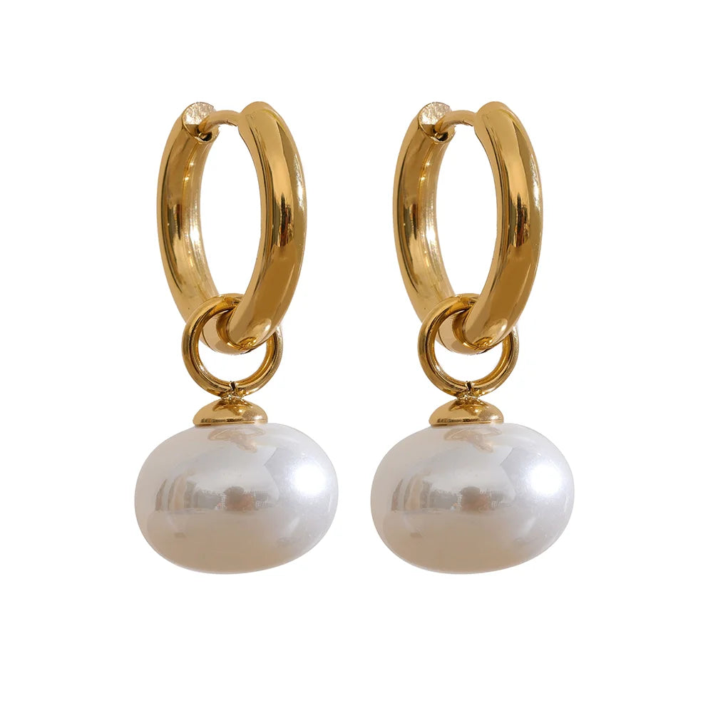 Gold Pearl Drop Hoop Earrings Stainless Steel | Korean Style