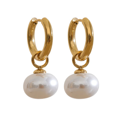 Gold Pearl Drop Hoop Earrings Stainless Steel | Korean Style