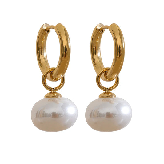 Gold Pearl Drop Hoop Earrings Stainless Steel | Korean Style