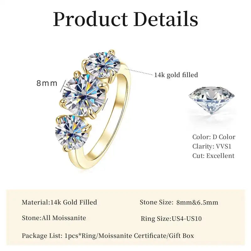 14K Gold Filled Moissanite Wedding Ring Three Stone — Fine Jewelry
