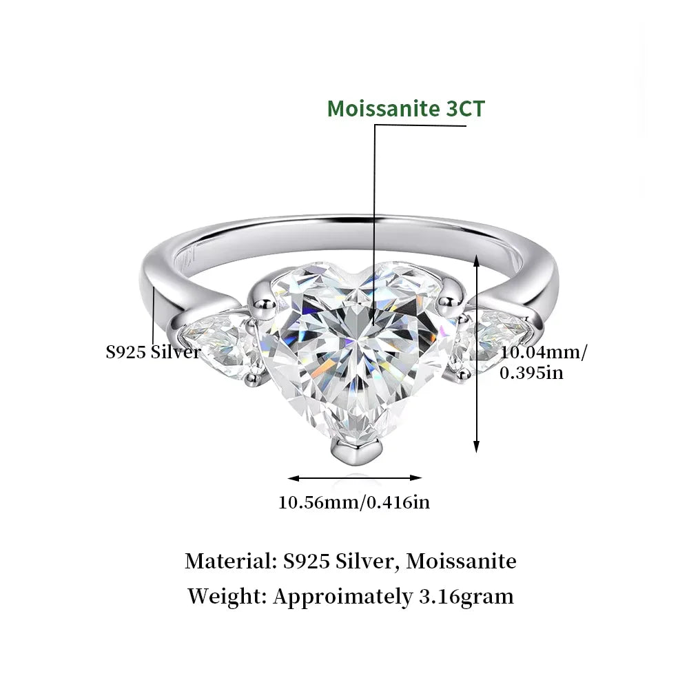 925 Sterling Silver Moissanite Heart Ring 18K White Gold | VVS Diamond Cut