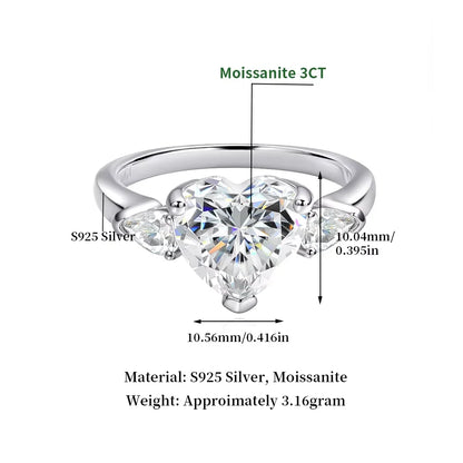 925 Sterling Silver Moissanite Heart Ring 18K White Gold | VVS Diamond Cut