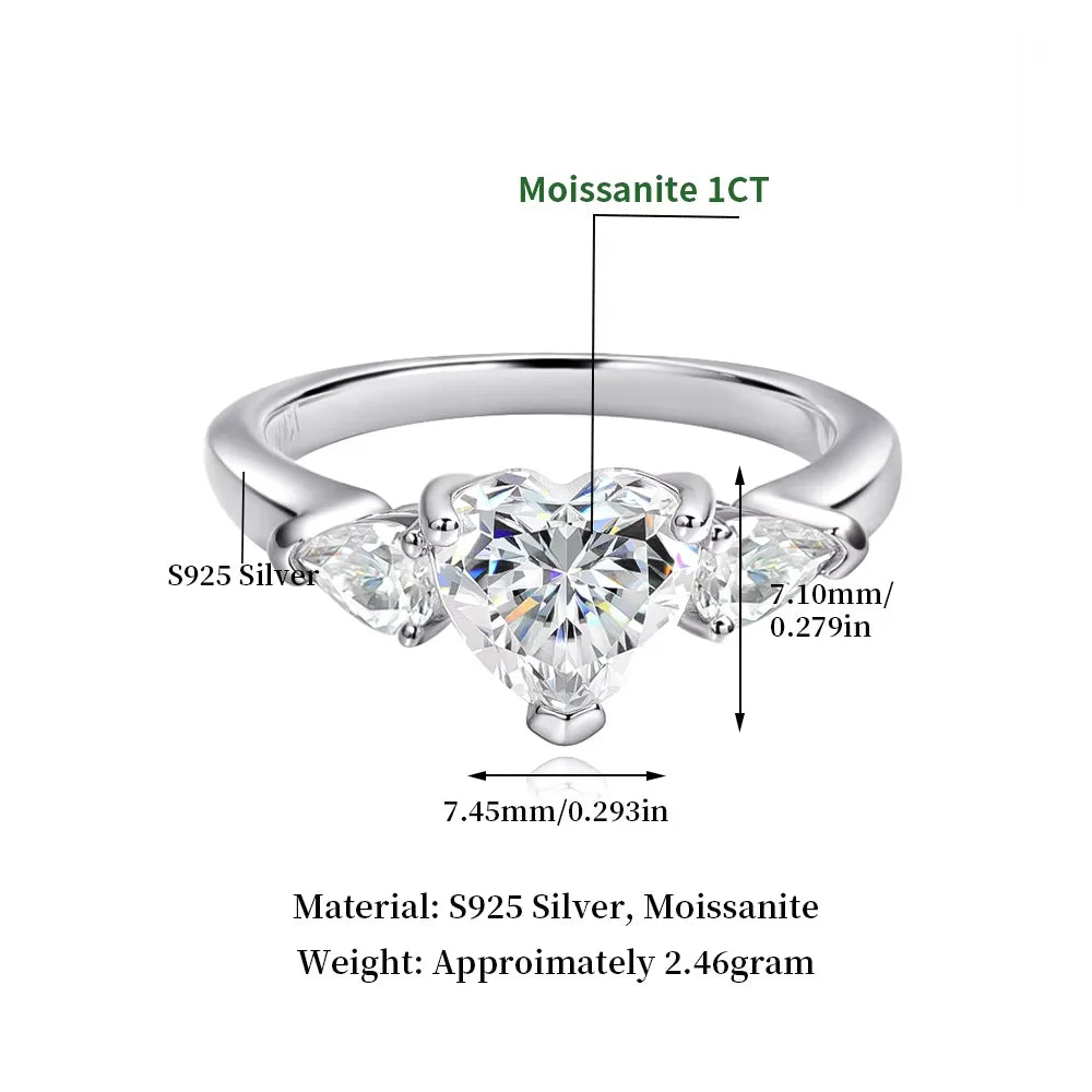 925 Sterling Silver Moissanite Heart Ring 18K White Gold | VVS Diamond Cut