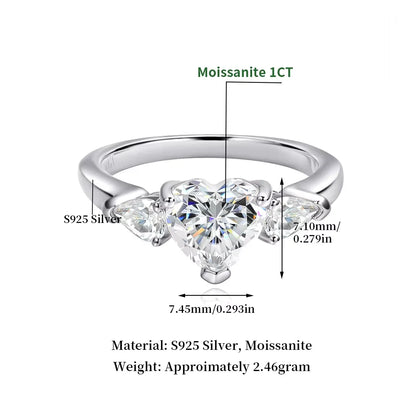 925 Sterling Silver Moissanite Heart Ring 18K White Gold | VVS Diamond Cut