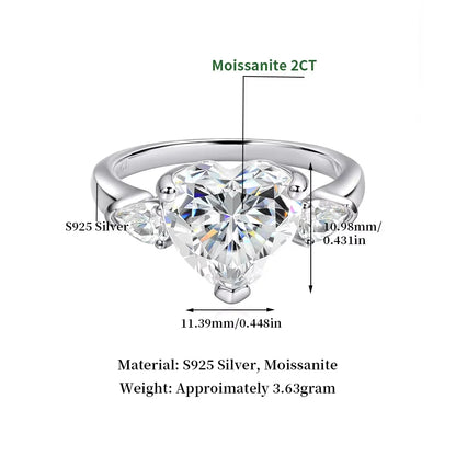 925 Sterling Silver Moissanite Heart Ring 18K White Gold | VVS Diamond Cut