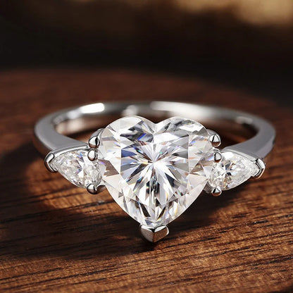 925 Sterling Silver Moissanite Heart Ring 18K White Gold | VVS Diamond Cut
