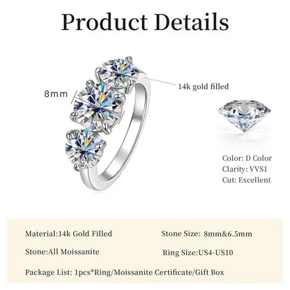 14K Gold Filled Moissanite Wedding Ring Three Stone — Fine Jewelry