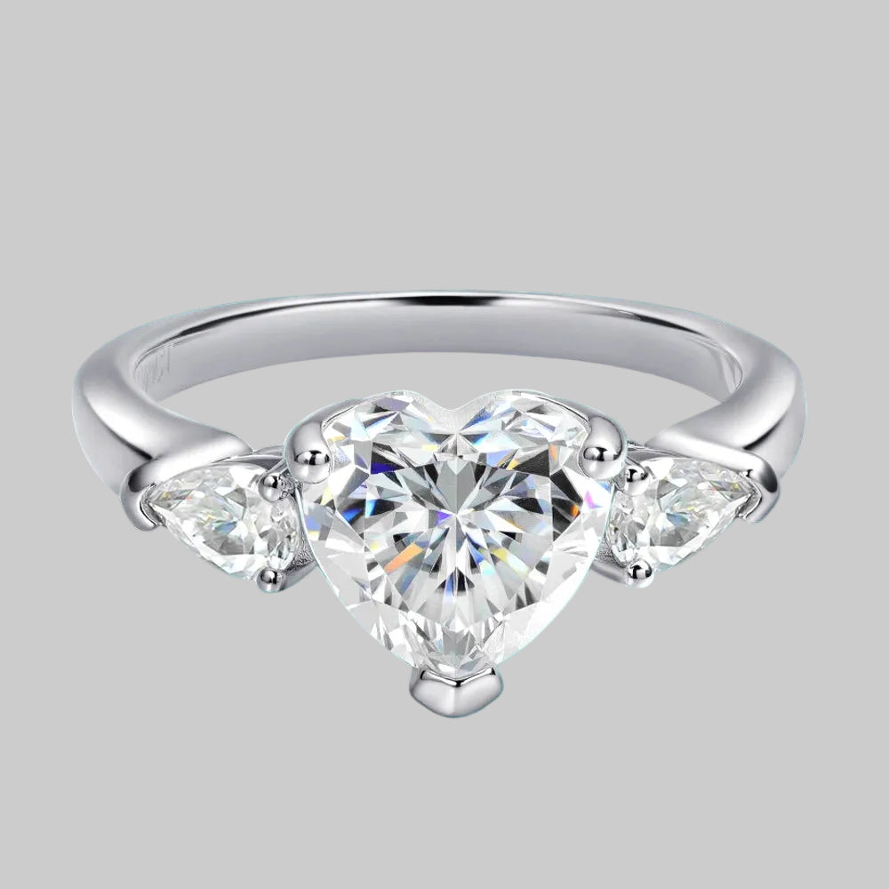 925 Sterling Silver Moissanite Heart Ring 18K White Gold | VVS Diamond Cut