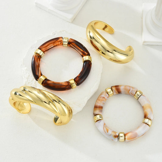 4pcs Vintage Minimalist Elegant Brown Resin Elastic Bangle Set Gold Color Smooth Open Bracelets For Women Daily Holiday Jewelry