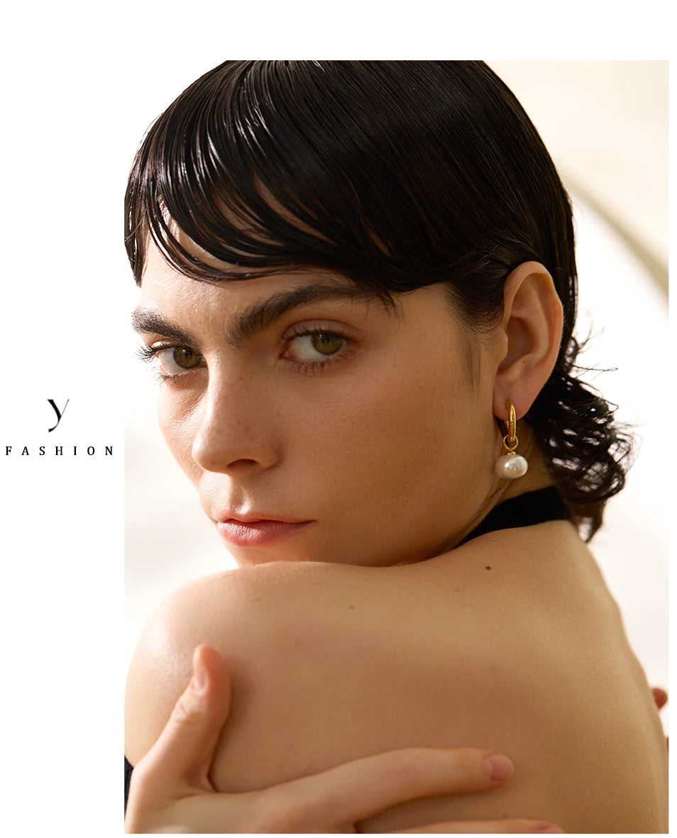Gold Pearl Drop Hoop Earrings Stainless Steel | Korean Style