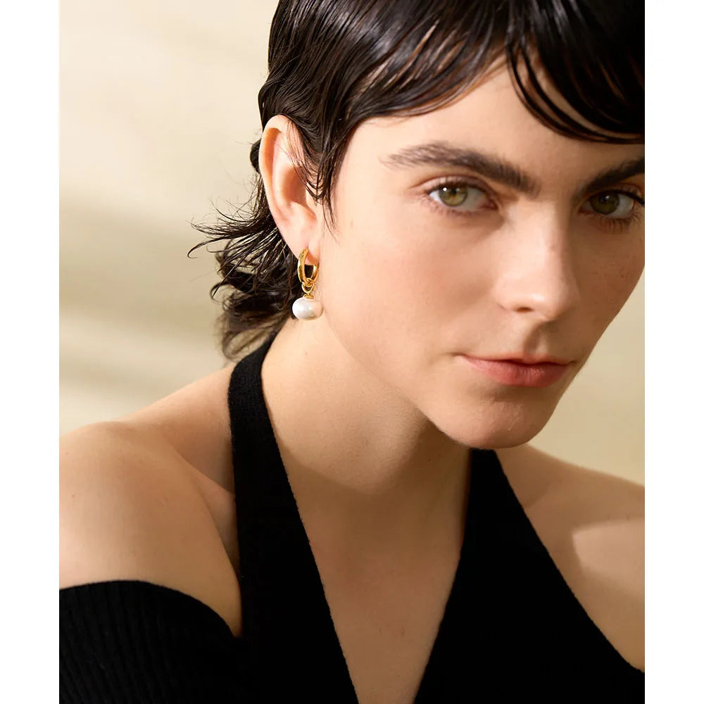Gold Pearl Drop Hoop Earrings Stainless Steel | Korean Style
