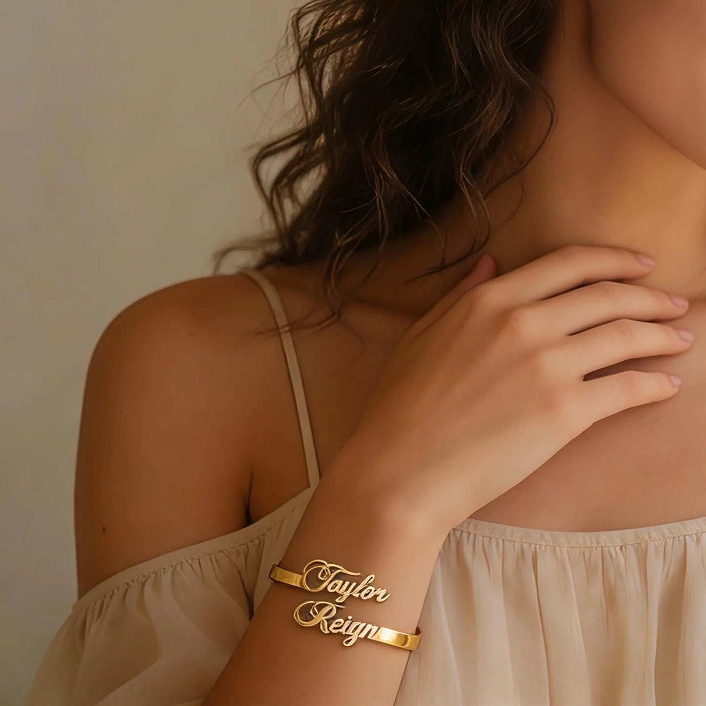 Luxury Personalized Name Bangle – Elegant 18K Gold Plated Bracelet