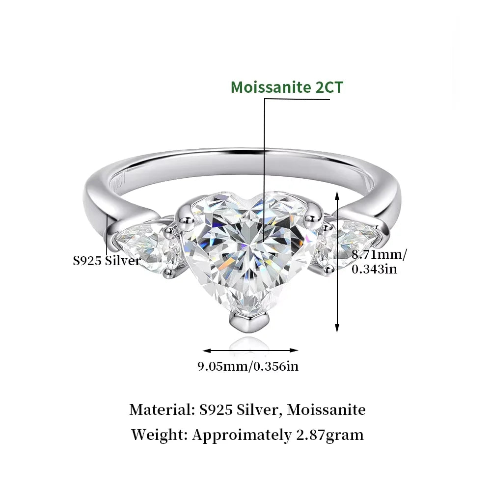 925 Sterling Silver Moissanite Heart Ring 18K White Gold | VVS Diamond Cut