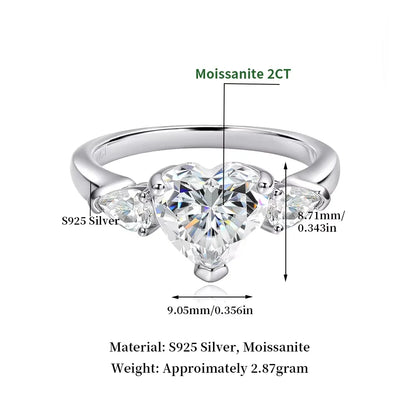 925 Sterling Silver Moissanite Heart Ring 18K White Gold | VVS Diamond Cut