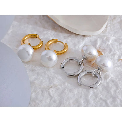 Gold Pearl Drop Hoop Earrings Stainless Steel | Korean Style