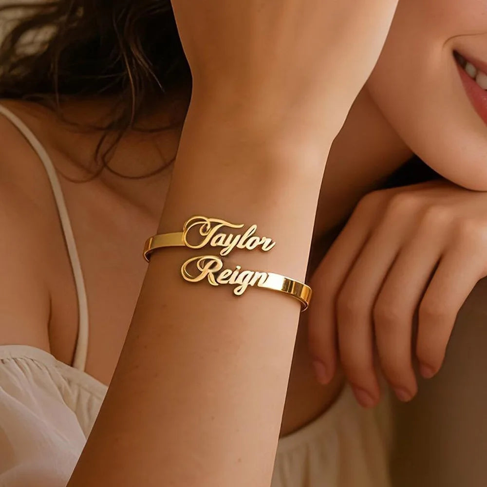 Luxury Personalized Name Bangle – Elegant 18K Gold Plated Bracelet